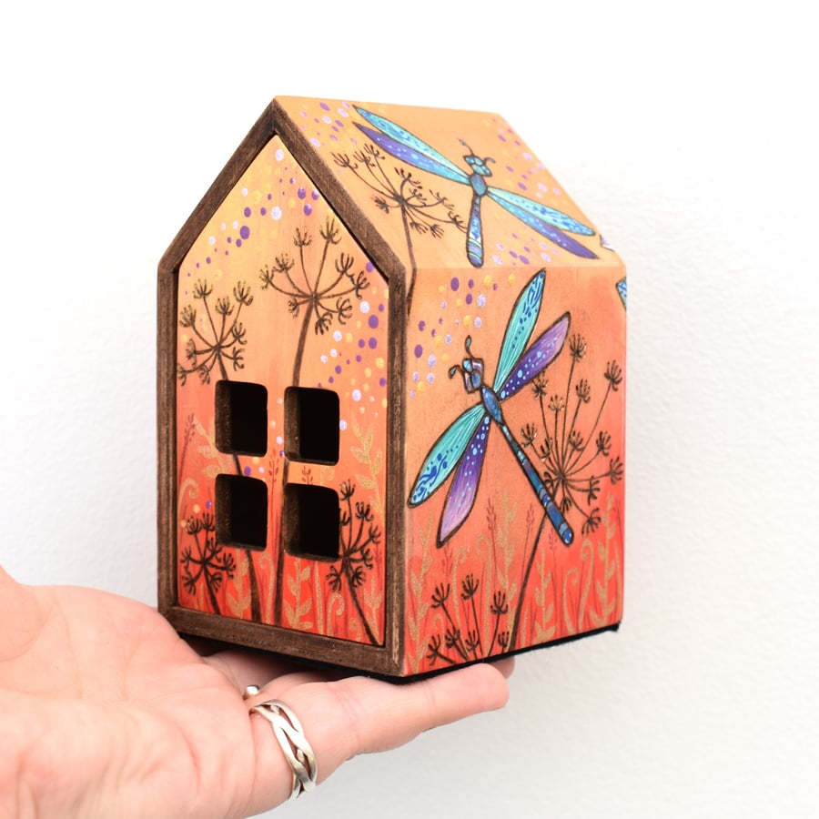 Pyrography dragonfly house. Miniature house with drawer. Sunset design.