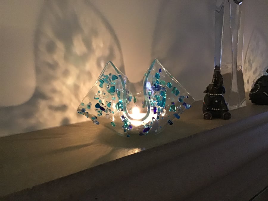 Fused glass candle crib with jewels of blues and turquoise 