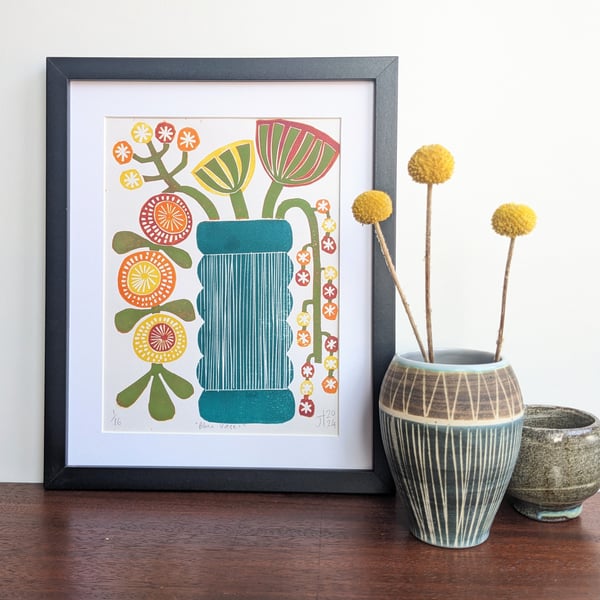 Flowers in a Blue Vase 1 - Original Lino Print