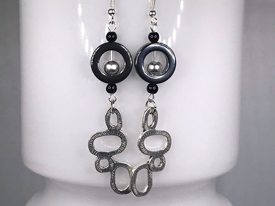 HEMATITE HOOPS geometric earrings drop dangle gift for here black silver