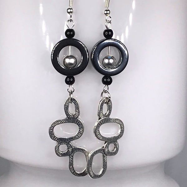 HEMATITE HOOPS geometric earrings drop dangle gift for here black silver