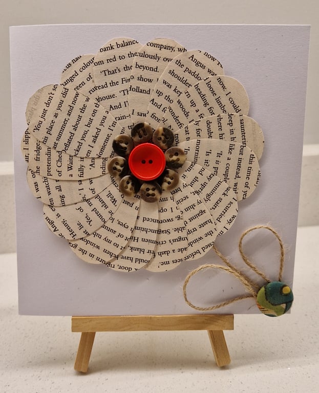 Book page flower blank card for any occasion with buttons & jute twine
