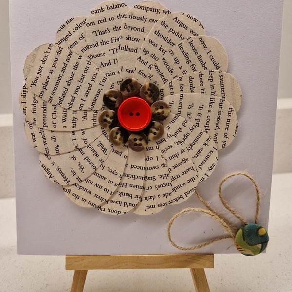 Book page flower blank card for any occasion with buttons & jute twine