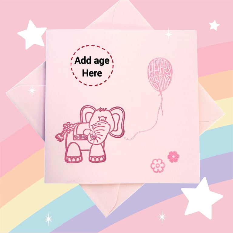Personalised Cute Pink Birthday card, elephant, balloon for baby or young child.