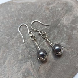 Sterling Silver Drop Earrings with Grey Pearl in Flower Bead cup