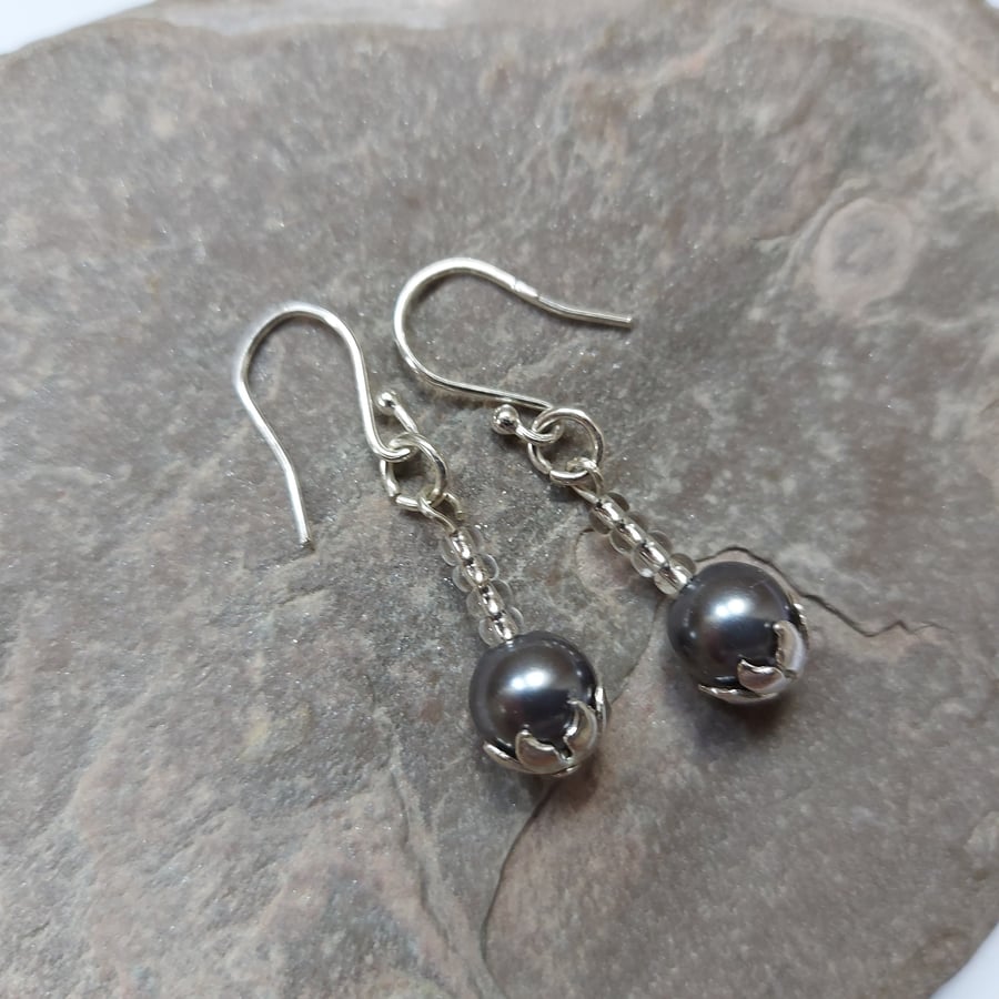 Sterling Silver Drop Earrings with Grey Pearl in Flower Bead cup