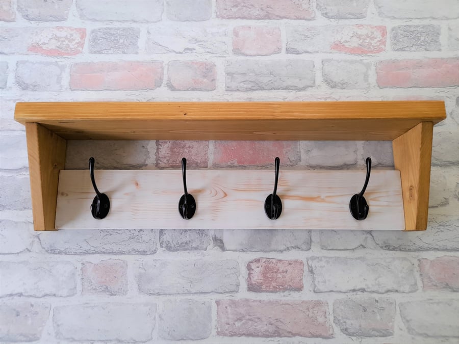Wooden Coat Rack with Shelf, Handmade Antique Style White Oak Wood Coat Rack