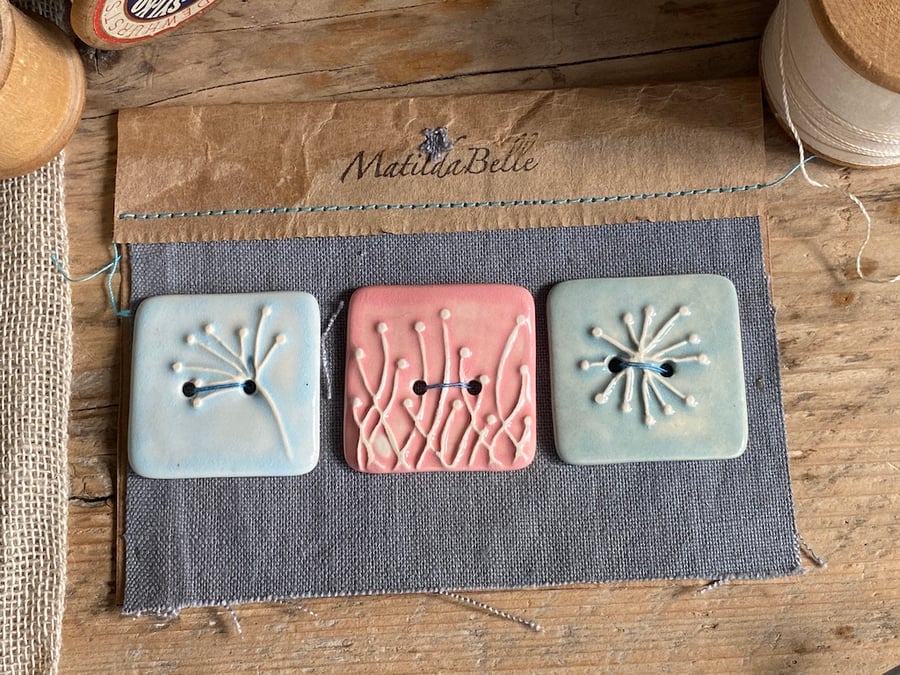 Handmade Ceramic Square Botanical set of 3 Buttons