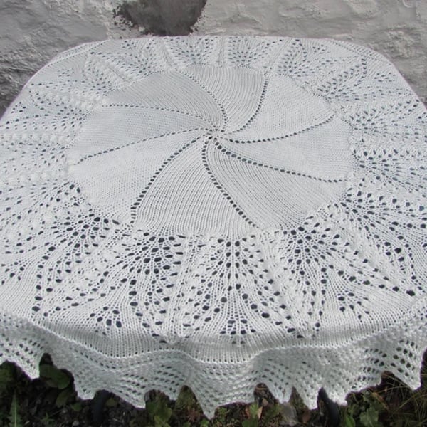 Circular Aran Baby Blanket, hand knit, cream shade, 54" diameter