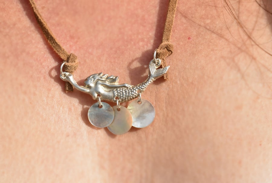 One off mermaid necklace with mother of pearl discs