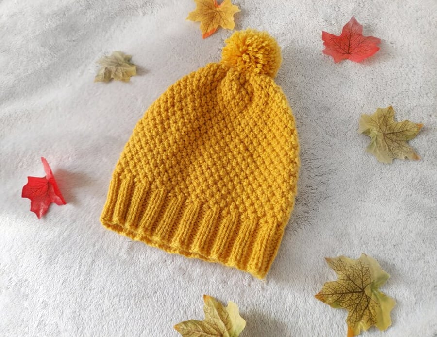 Mustard Yellow Knitted Pom Pom Hat