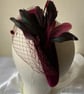 Cherie - Burgundy Velvet Feather Headband Fascinator with Birdcage Veiling  - Image 4