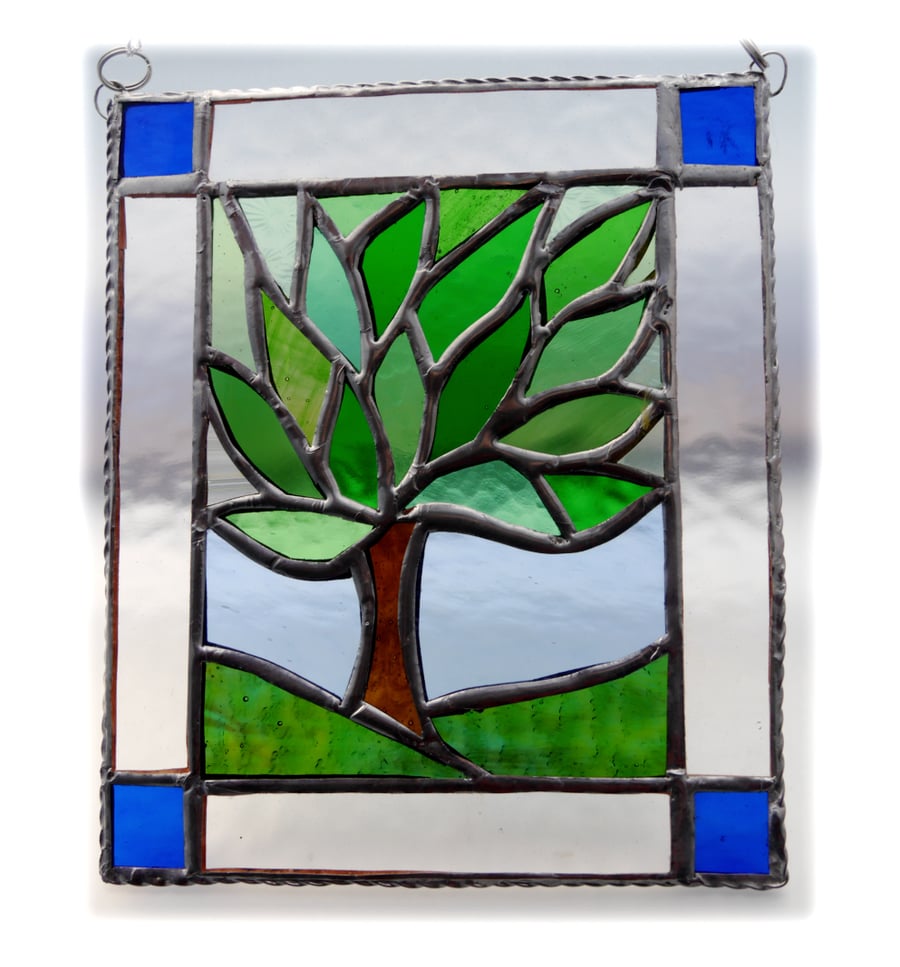 Leafy Tree Suncatcher Stained Glass Picture Framed Spring 001