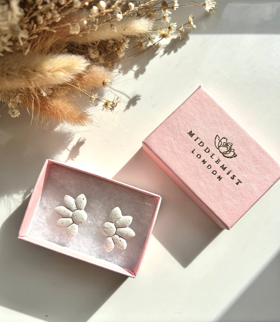 Flower studs, white speckled sand polymer clay, handmade jewellery