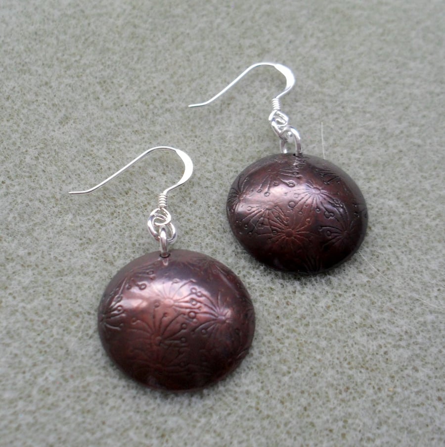   Copper Earrings With Dandelion Detail Sterling Silver Ear Wire Seconds Sunday