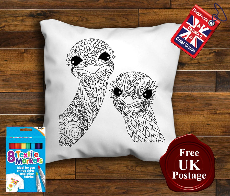 Ostrich Colouring Cushion Cover With or Without Fabric Pens Choose Your Size