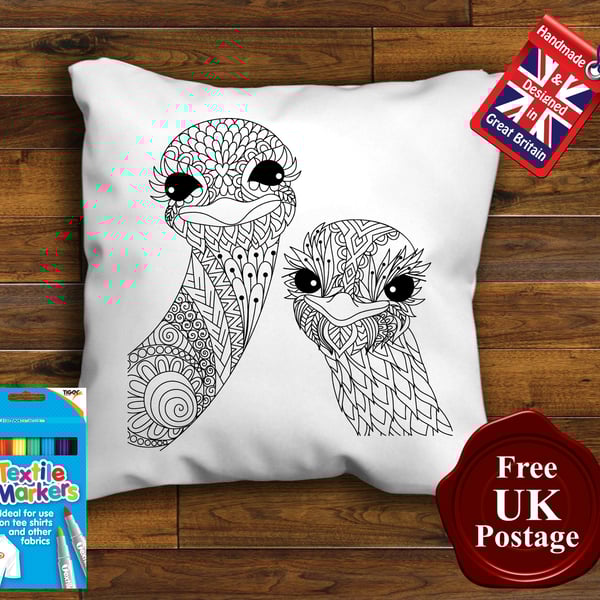Ostrich Colouring Cushion Cover With or Without Fabric Pens Choose Your Size