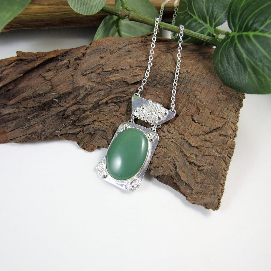Aventurine Necklace, Sterling Silver Artisan Pendant with Heart Cut Out Detail