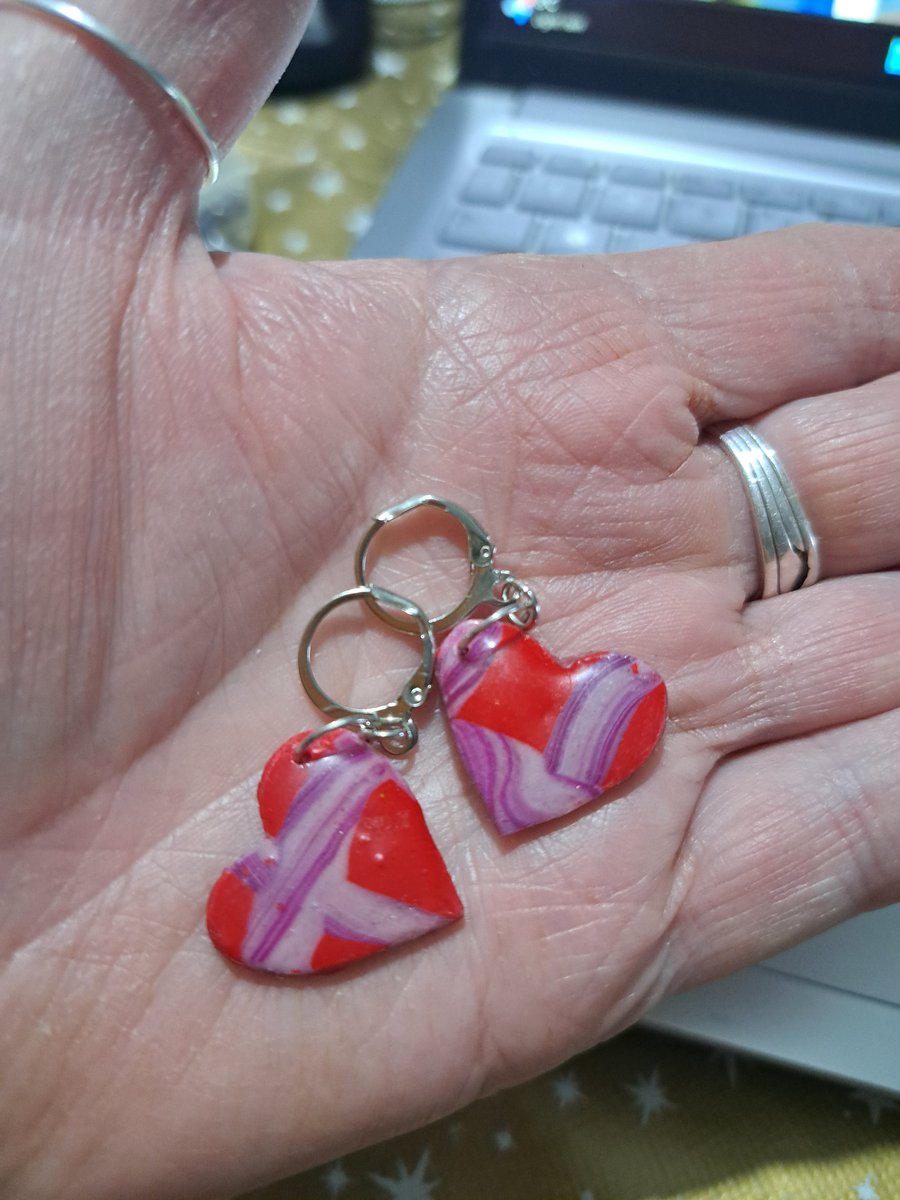 Heart shaped polymer clay earrings red, purple and pink, handmade hypoallergenic