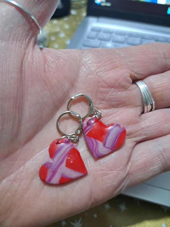 Heart shaped polymer clay earrings red, purple and pink, handmade hypoallergenic