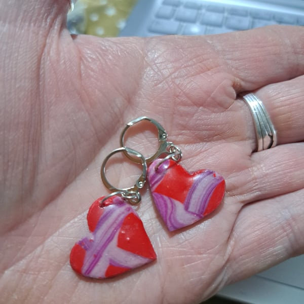 Heart shaped polymer clay earrings red, purple and pink, handmade hypoallergenic