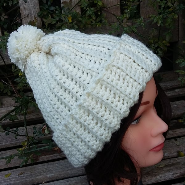 Crochet rib effect bobble hat in cream. Seconds Sunday