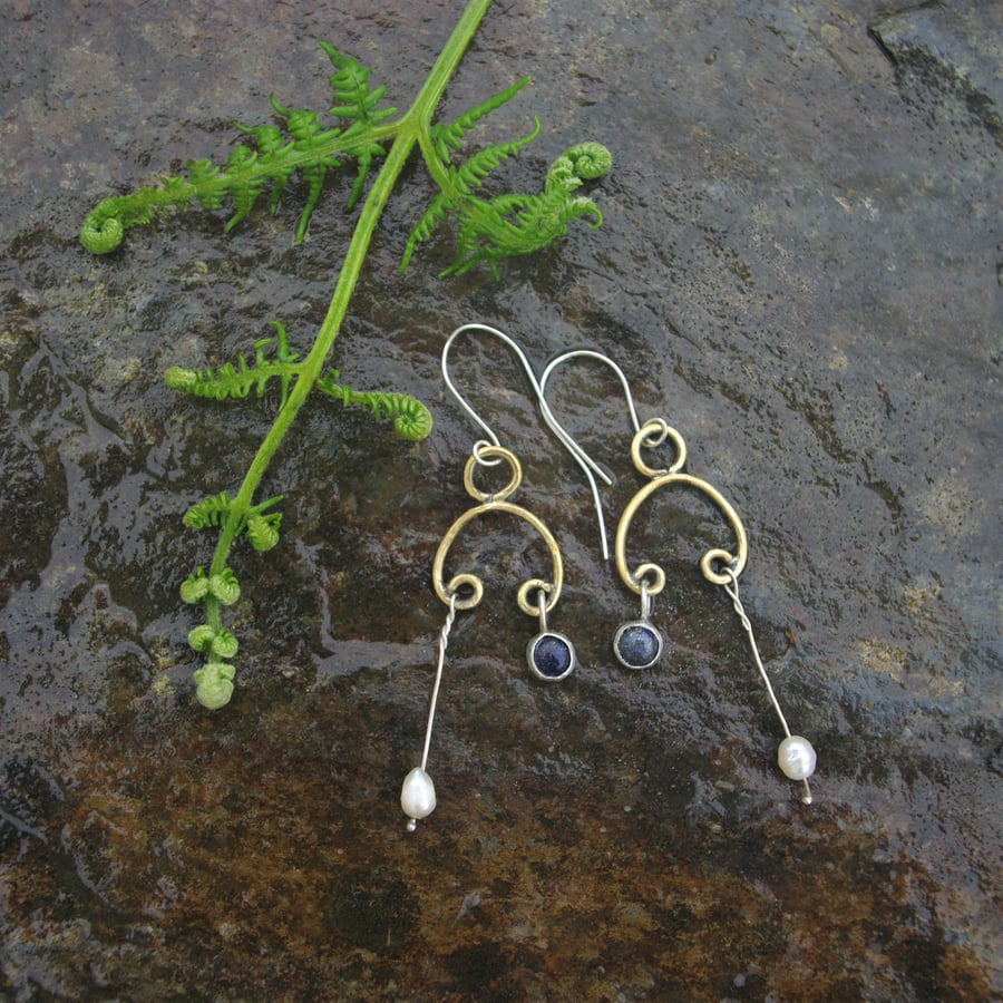 Brass Dangle Earrings with Freshwater Pearls and Lapis Lazuli