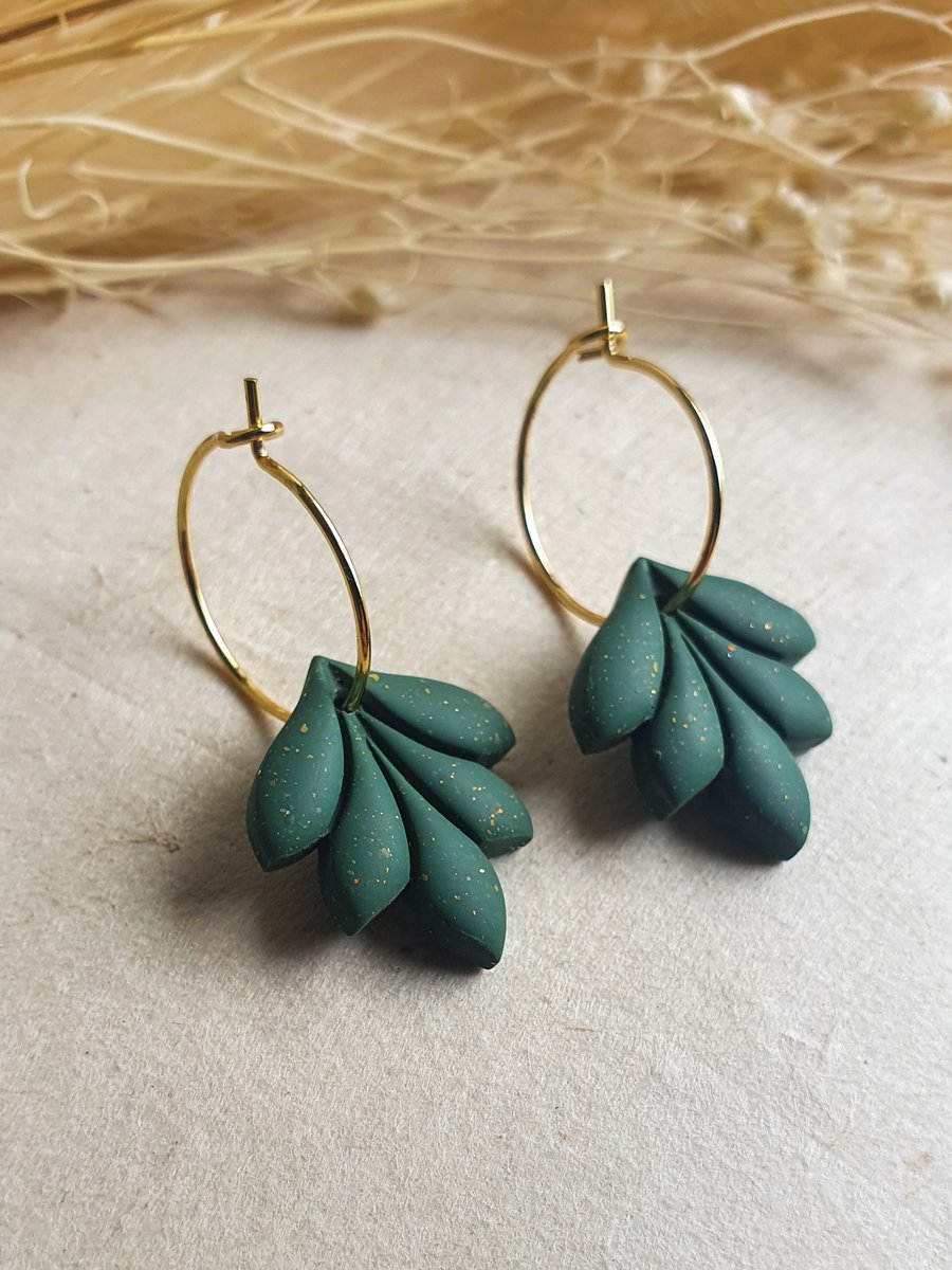 Dainty Green and Gold Polymer Clay Hoop Earrings, Green Leaf Earrings