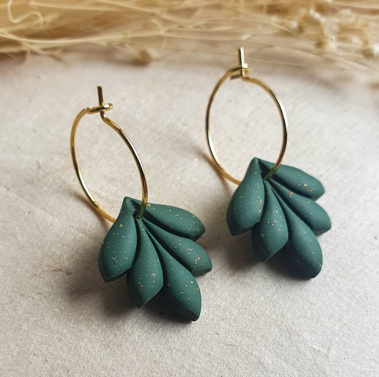 Dainty Green and Gold Polymer Clay Hoop Earrings, Green Leaf Earrings