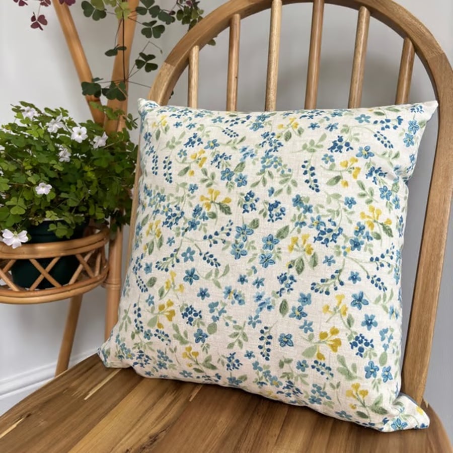 Floral cushion cover in blue, yellow & green, 40cm x 40cm