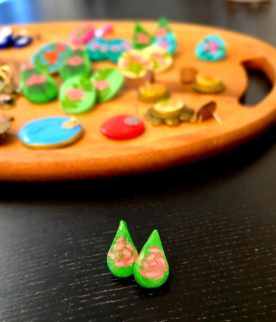 Hand-Painted Air-Dry Clay Earrings with Resin Finish – Unique Artisan Jewelry