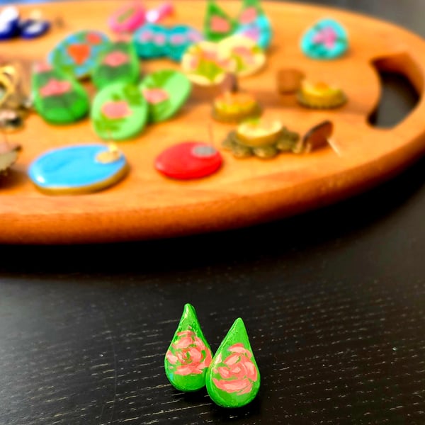 Hand-Painted Air-Dry Clay Earrings with Resin Finish – Unique Artisan Jewelry