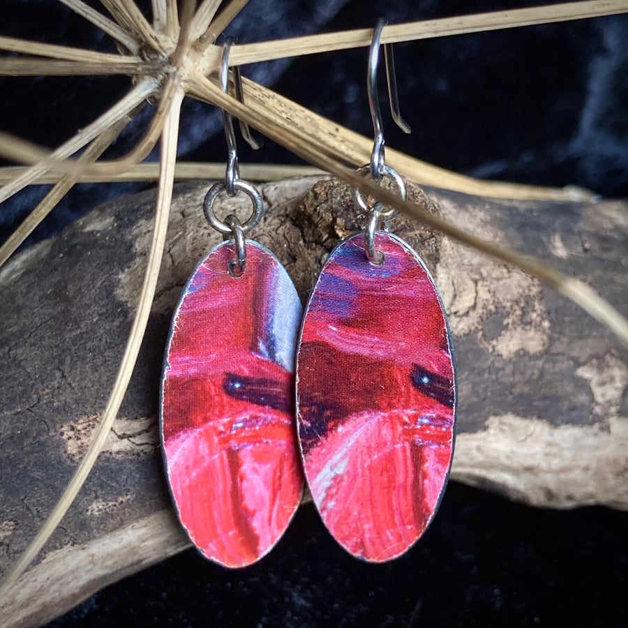 Pink and Red Oval Abstract Tin Earrings