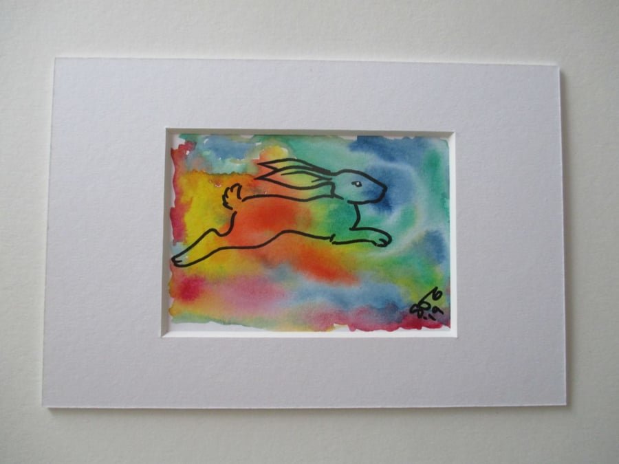 ACEO Bunny Rabbit Original Mixed Media Painting Art Picture Rainbow Memorial