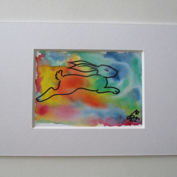 ACEO Bunny Rabbit Original Mixed Media Painting Art Picture Rainbow Memorial