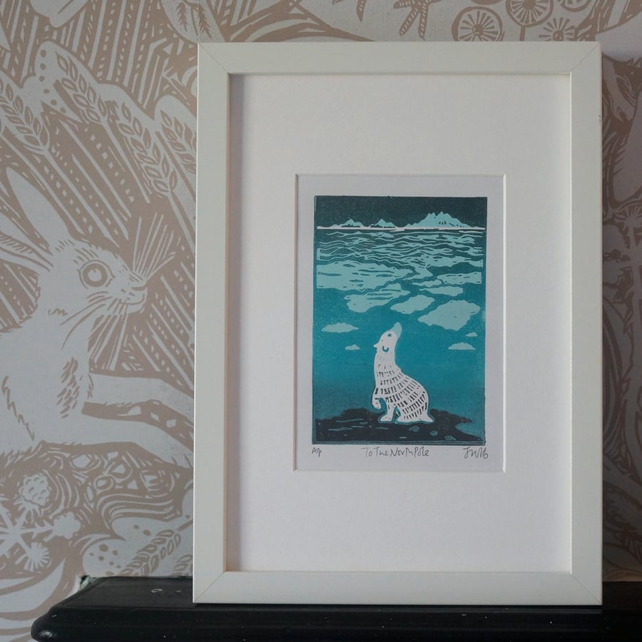 'To The North Pole' Polar Bear Lino Print
