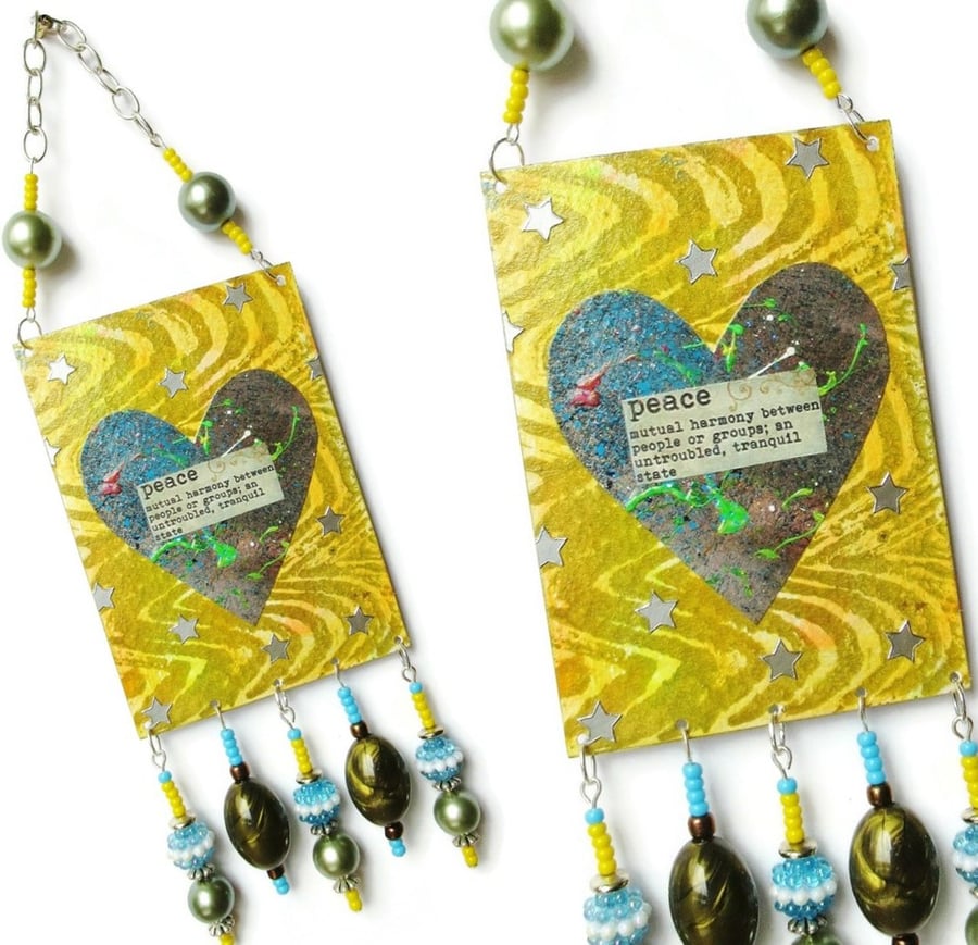 Hanging Heart ACEO Assemblage Ornament PEACE Miniature Spiritual Quotation Art