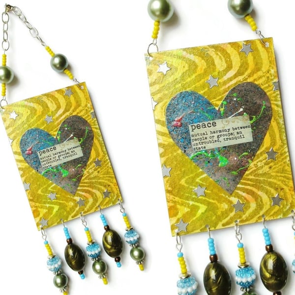 Hanging Heart ACEO Assemblage Ornament PEACE Miniature Spiritual Quotation Art