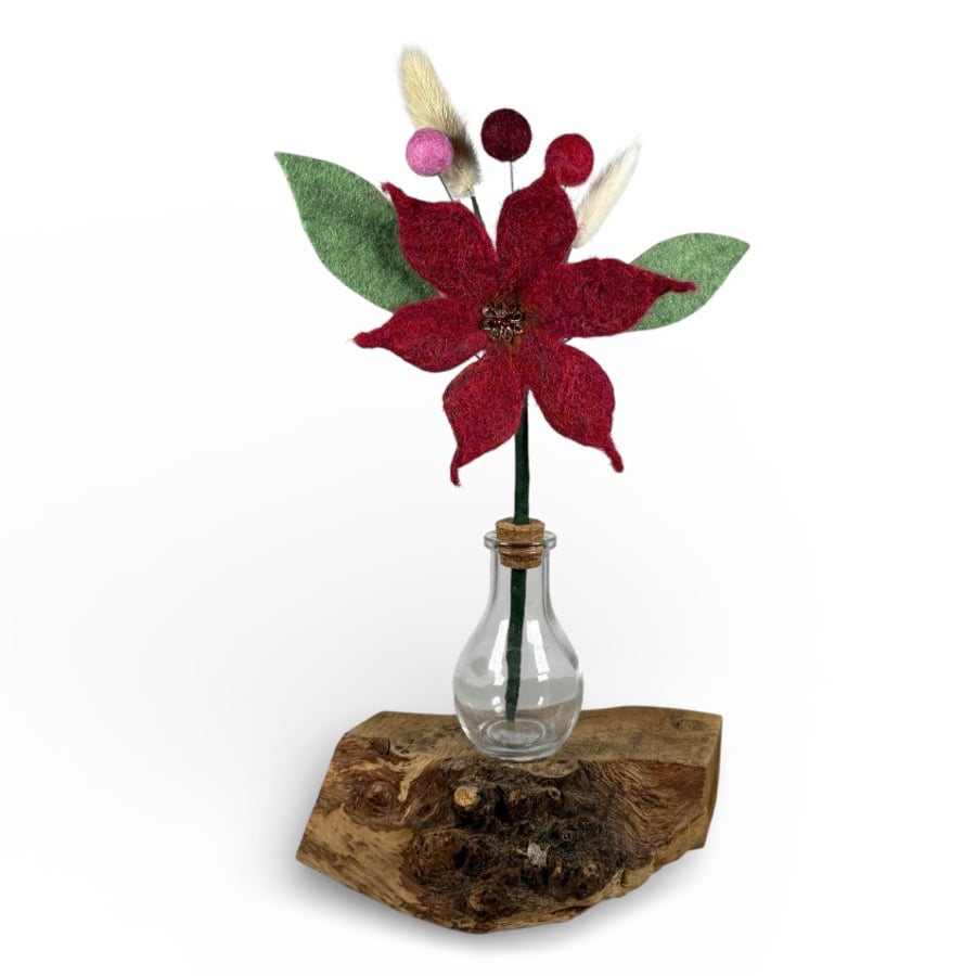 Felt flower decoration in glass bottle vase - red