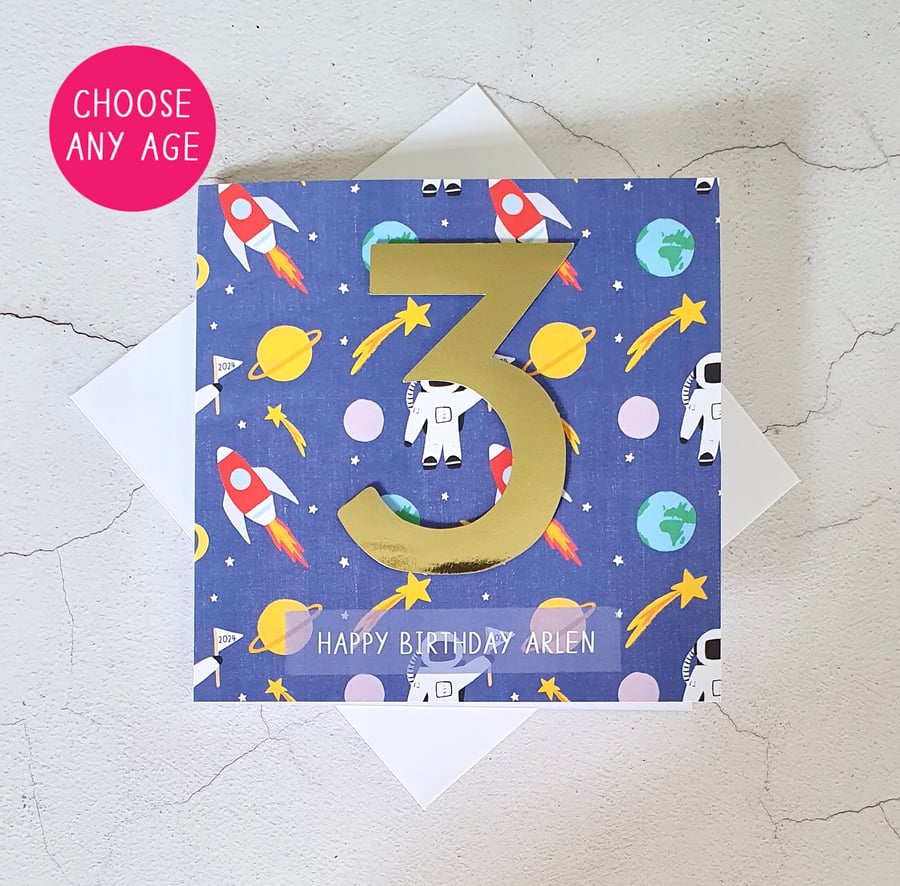 Personalised Space Birthday Card. Age Card