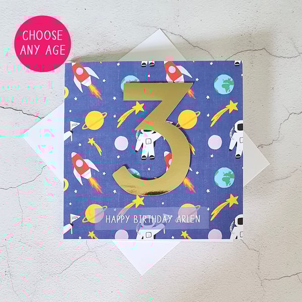 Personalised Space Birthday Card. Age Card