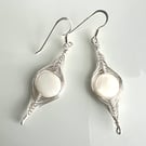Silver Herringbone Wire Wrapped Earrings with White Mother Of Pearls.