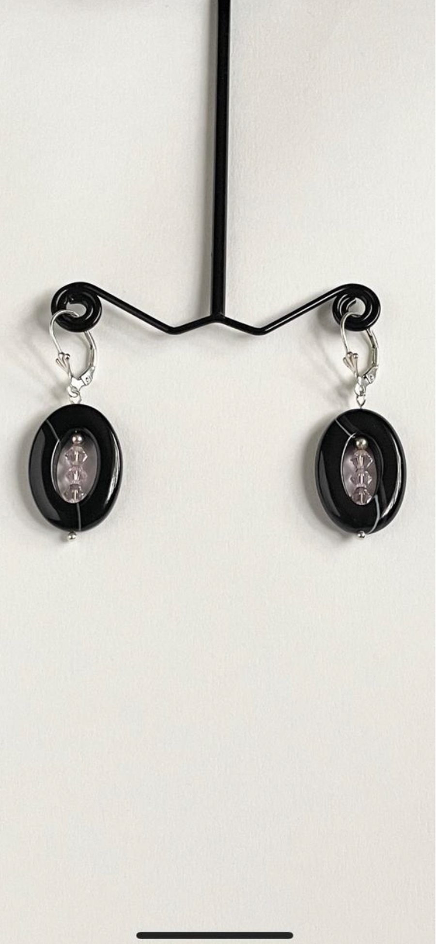 Black Agate, Crystal Sterling Silver Earrings 