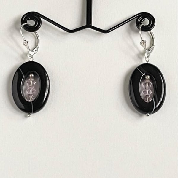 Black Agate, Crystal Sterling Silver Earrings 