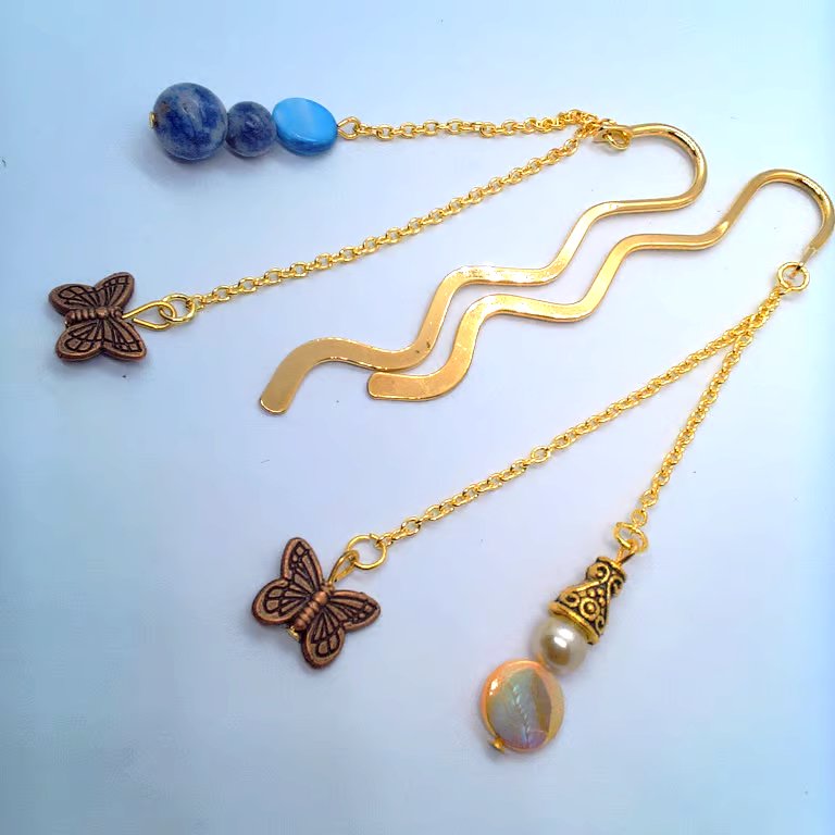 Gold Plated Bookmark with Bronze Butterfly Charm and a Choice of Beaded Charm