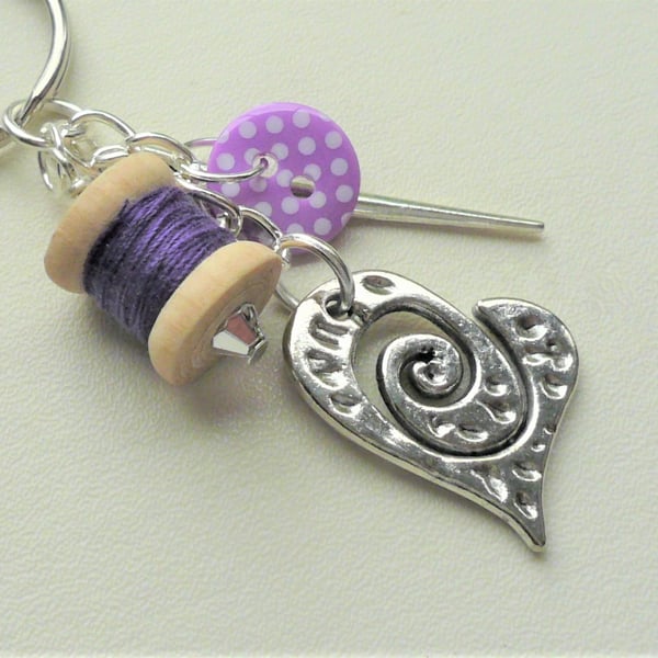 Purple Sewing Keyring or Bag Charm Button Cotton Reel Needle  KCJ4065