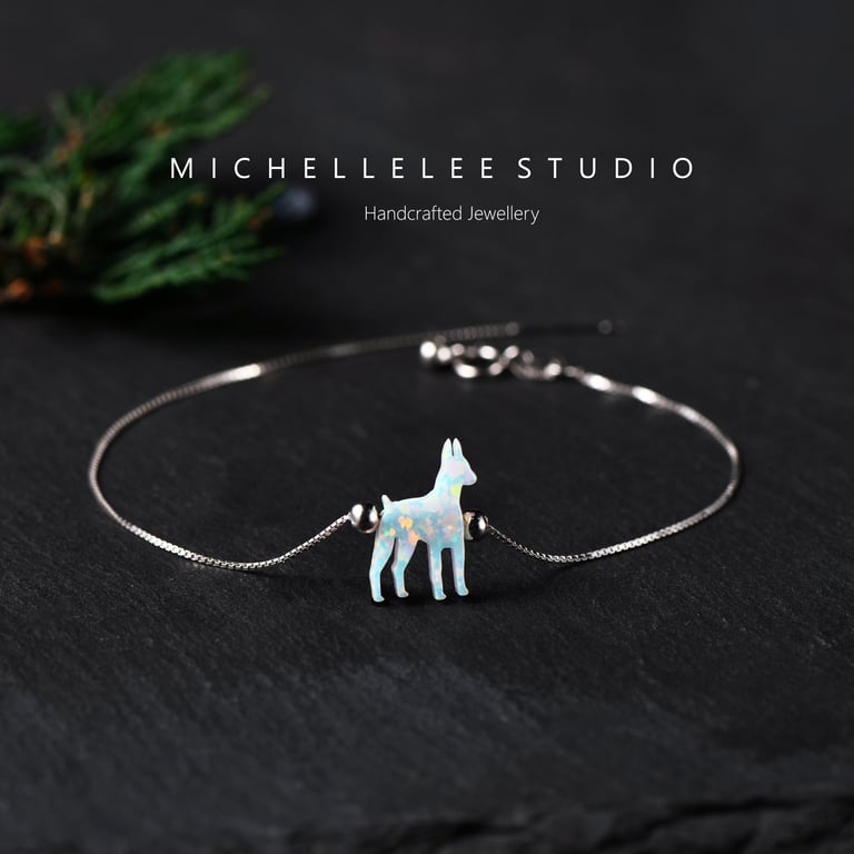 Opal Doberman  Fire Opal Dog Bracklet with 925 Sterling Silver Chain