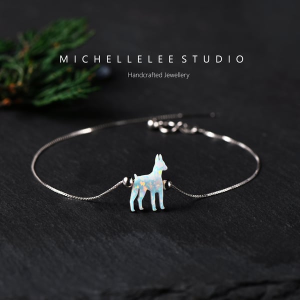 Opal Doberman  Fire Opal Dog Bracklet with 925 Sterling Silver Chain