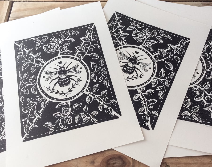 Little bee Lino print. Black