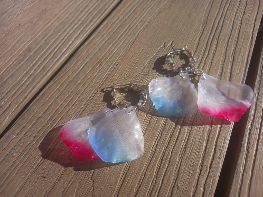 Pearl Blue and Pink Petal Hoop Earrings